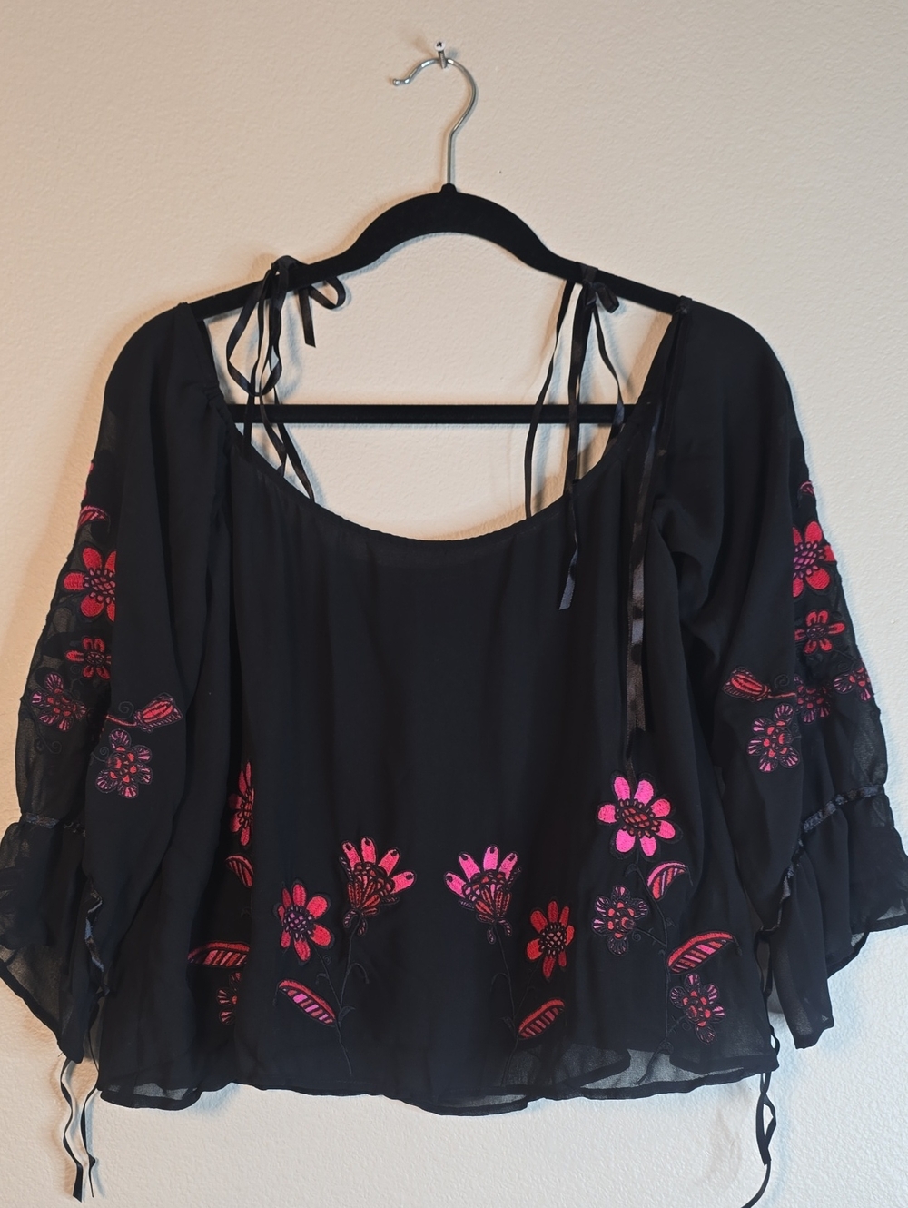 For Love & Lemons  Sheer Mesh Lined Black Blouse with Pink Floral Embroidery.